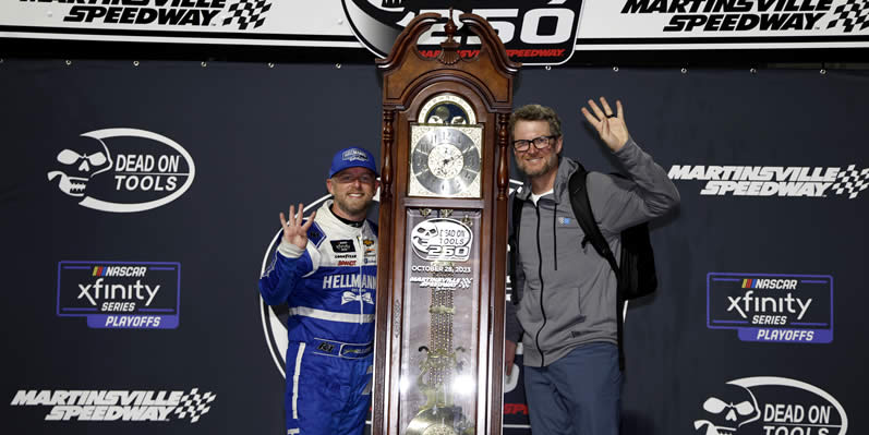 Justin Allgaier and Dale Earnhardt Jr. celebrate in victory lane