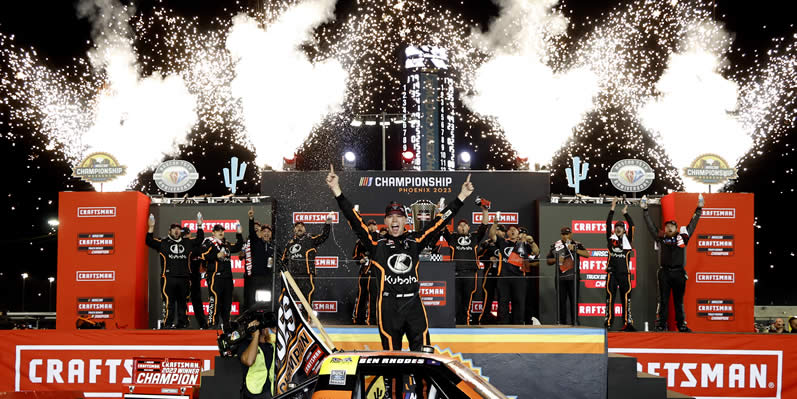 Ben Rhodes celebrates in victory lane after winning the 2023 NASCAR Craftsman Truck Series Championship