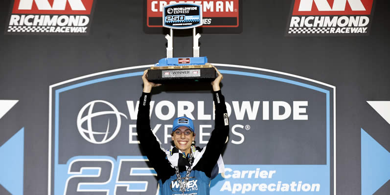 Carson Hocevar lifts the Worldwide Express 250 trophy