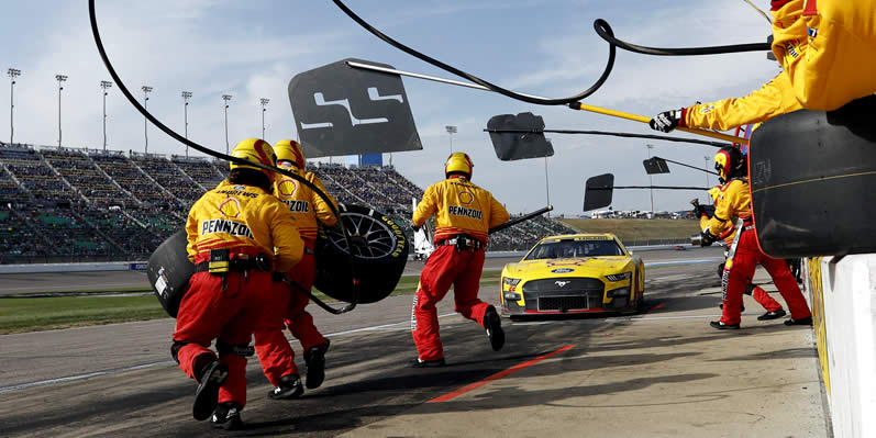 Joey Logano pits during the Hollywood Casino 400