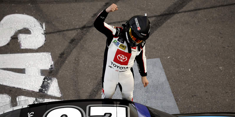 John Hunter Nemechek celebrates after winning