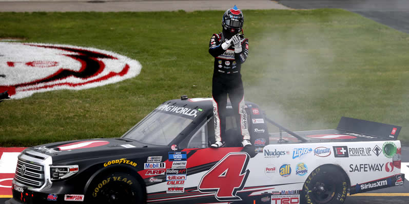 John Hunter Nemechek celebrates after winning