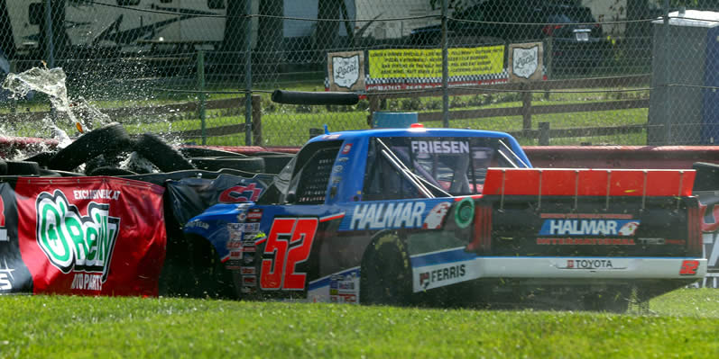 Stewart Friesen spins into the safety barrier after an on-track incident