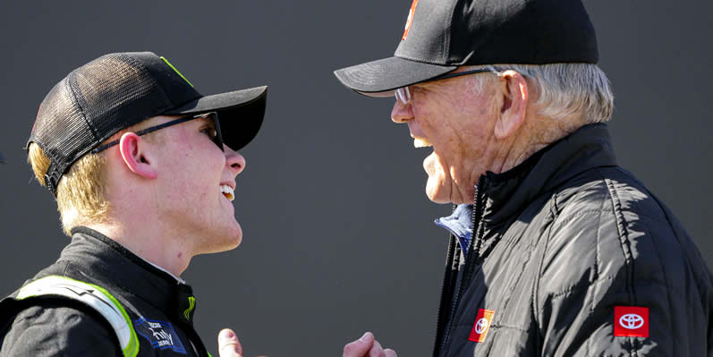 Ty Gibbs celebrates with his grandfather Joe Gibbs