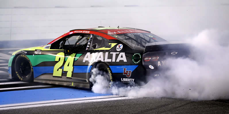 William Byron celebrates with a burnout